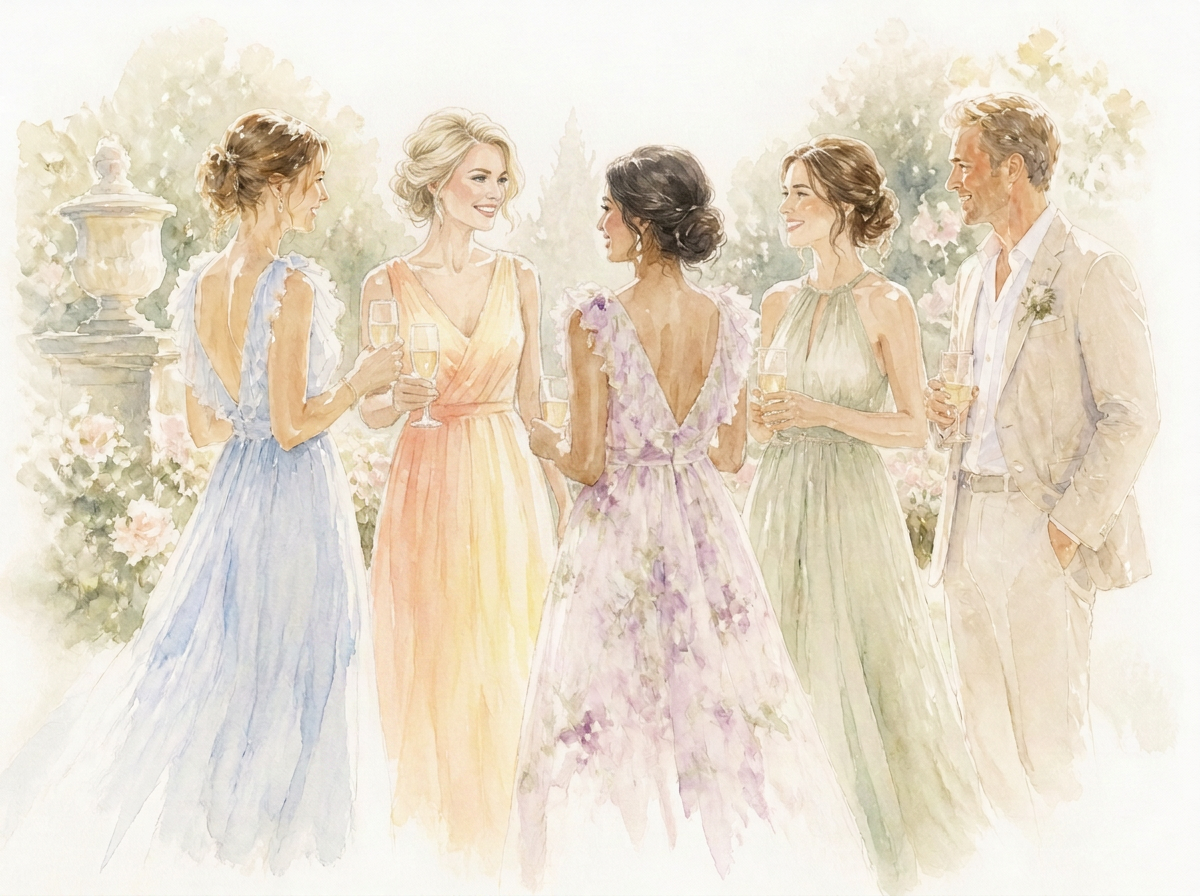 Watercolour mood board: floral summer dress, roses and lavender, straw sun hat