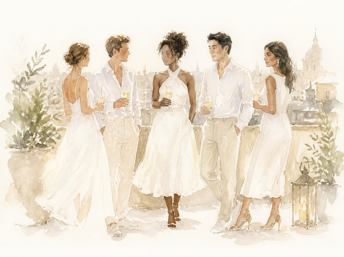 Watercolour mood board: white silk dress, champagne, white peonies